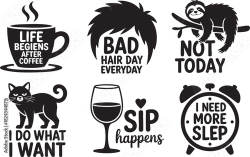 Black and white graphic illustrations of coffee cup cat sloth wine glass and alarm clock with text