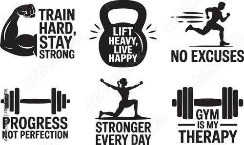 Black and white graphic illustrations of gym equipment and motivational fitness phrases workout