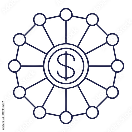 Financial Network: An illustrative graphic depicts a central dollar coin interconnected by a network of nodes, symbolizing a global financial system and investment. 