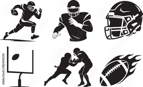 Black silhouette american football players helmet goalpost ball with flames and action poses running