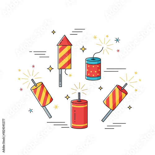Illustrative set of cheerful firecrackers and dynamic rockets bursting with sparks, perfect for igniting joy and celebration at any festive occasion or holiday event