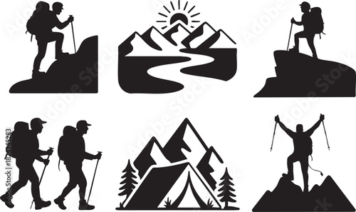 Black silhouette hikers with backpacks and trekking poles on mountains and camping scenes vector