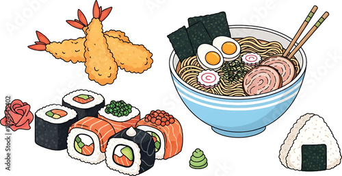 A colorful illustration of Japanese food dishes including sushi, tempura, ramen, and onigiri