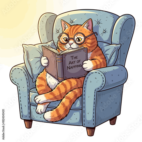 Cozy orange tabby cat with glasses reads a book titled 'The Art of Napping' while relaxing in a comfy armchair