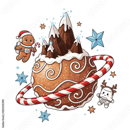 A whimsical Christmas galaxy illustration featuring a gingerbread planet with candy cane rings and cookie astronauts