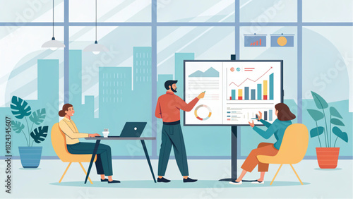 Engaging team presentation of data charts in a modern office, showcasing collaborative business strategy and professional analytics with optimistic outlook