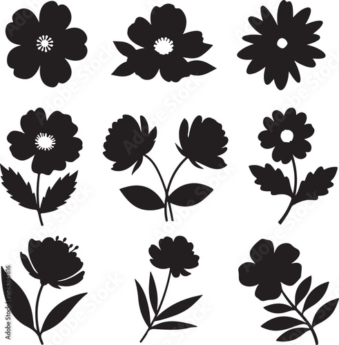 Collection of floral design elements with various flower shapes and foliage