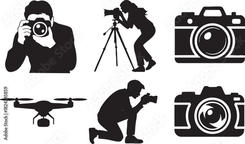 Black silhouettes of photographers with cameras and drone on white background tripod