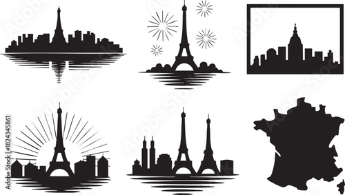 Black silhouettes of Paris skyline Eiffel Tower and France map with reflections vector