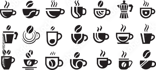 Collection of black and white coffee cup and moka pot icons with steam and beans drink