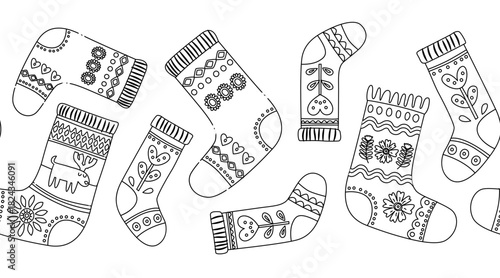 Cozy Scandinavian Winter Seamless Doodle Pattern, Nordic Folk Vector Illustration. Colorful Knitted Holiday border Repeat Pattern, Hygge Winter Design. Cute Christmas Socks on Festive white Background