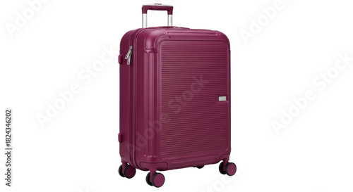 Burgundy hardside spinner suitcase isolated PNG, modern luggage with wheels for travel and business trips on transparent background