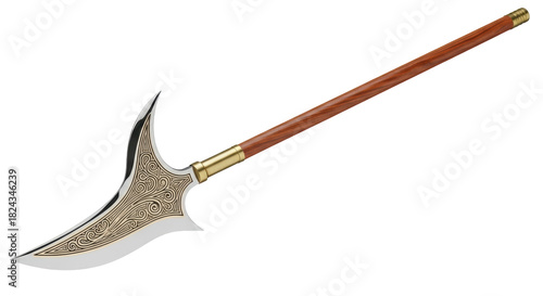 Glaive polearm weapon isolated PNG, medieval fantasy halberd with ornate blade and wooden shaft for historical reenactment and game design