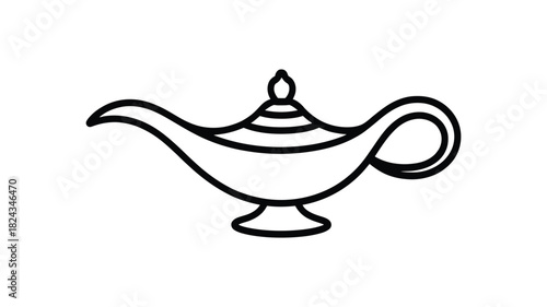 Hand drawn outline of a magical genie lamp with a spout and handle on a white background