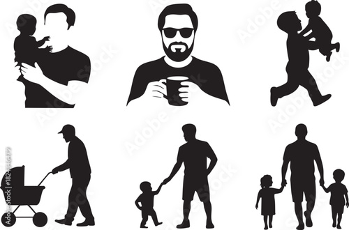 Collection of black silhouettes of fathers with children and baby stroller vector