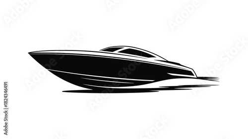 Sleek black speedboat cutting through water with a dynamic artistic sketch style