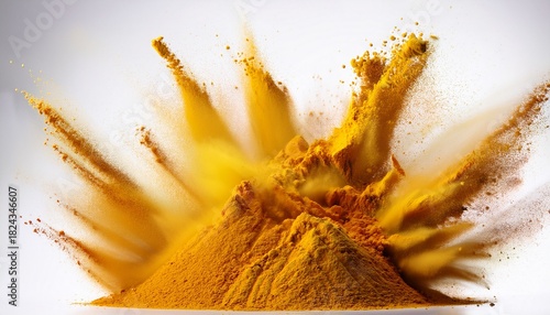 bright yellow turmeric powder exploding upwards on a white background spice explosion