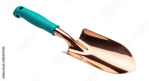 Copper trowel isolated PNG on transparent background, small hand garden tool for planting and transplanting flowers and herbs