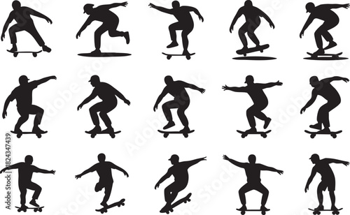 Fifteen Black Silhouettes of Skateboarders Performing Various Tricks and Poses skateboarding person