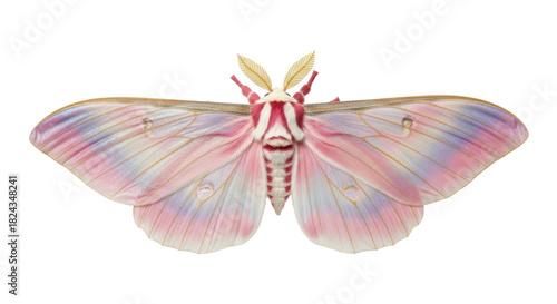 Rosy maple moth isolated PNG on transparent background, colorful dryocampa rubicunda with pink and yellow wings, insect for design use
