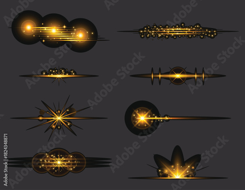 A collection of eight golden light effects on a black background with varying shapes and intensities vector 
