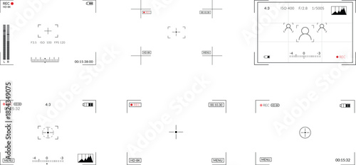 Set of 6 camera viewfinder interface overlay. Video camera screen. Camera frame with rec, battery, and focusing. camera recording screen overlay. video camera overlay vector on black background.
