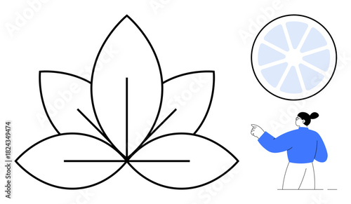 Lotus flower outline, circular segmented graphic, and person pointing. Ideal for wellness, growth, mindfulness, balance, nature spirituality harmony. Simple flat metaphor