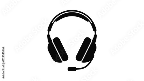 Black silhouette of gaming headphones with microphone on white background