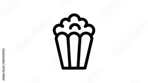 Simple black and white outline icon of a stylized popcorn cup with fluffy kernels on top