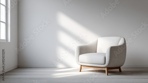 Cozy white armchair in sunlit minimalist room