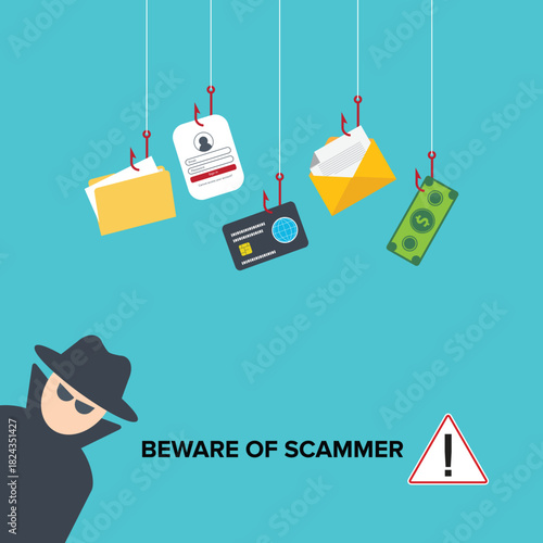 Hacker, scammer in front of his computer committing digital cybercrime.	