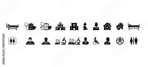 Medical and Healthcare Icons Featuring Hospitals, Doctors, and Research Equipment