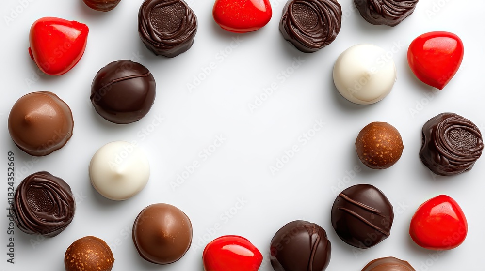 Fototapeta premium Assorted Gourmet Chocolate Truffles in Dark, Milk, and White Chocolate Surrounding Red Heart-Shaped Candies on a Clean White Surface