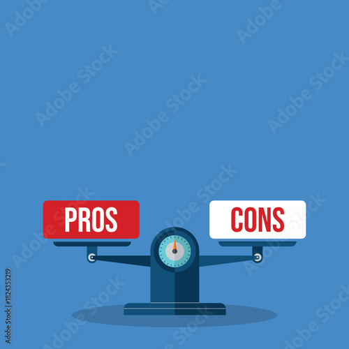 The words pros and cons balanced on a seesaw. Comparing positive advantages or negative disadvantages	