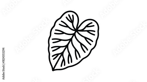 Simple black and white line drawing of a large tropical elephant ear leaf on a white background