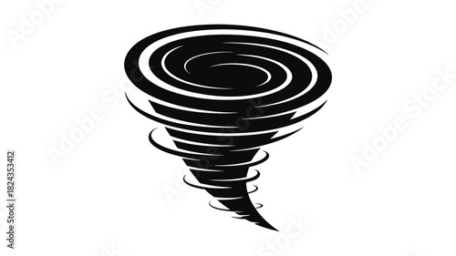 Stylized black and white illustration of a powerful tornado swirling against a white background