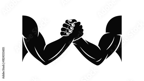Silhouette of two muscular arms locked in a strong handshake symbolizing competition and strength