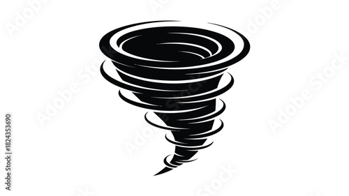 Stylized black and white illustration of a powerful swirling tornado in a dynamic motion