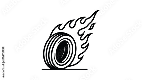 Black and white illustration of a car tire on fire with stylized flames
