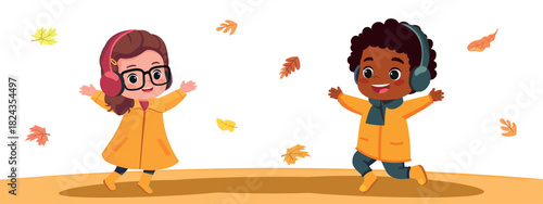 happy kids autumn season leaves fall cartoon vector illustration