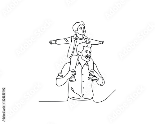 Father carrying son on shoulders with arms outstretched