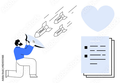 Person kneeling with shield defending documents from incoming labeled threats. Ideal for cybersecurity, defense, internet safety, data protection, online threats, digital security, simple flat