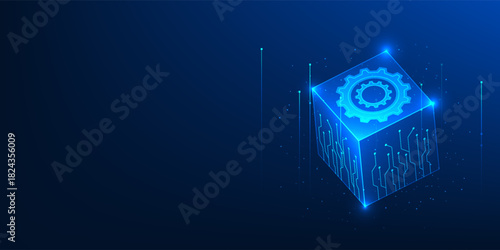 Blockchain Technology Background with Gear Circuit Box, Digital Transaction Processing, Secure Financial Operation, Decentralized Network System Concept