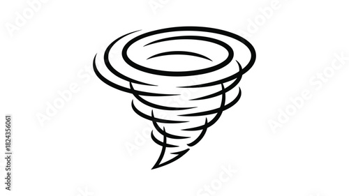Stylized black and white illustration of a swirling tornado vortex against a white background