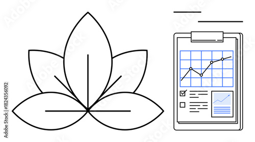 Lotus flower alongside analytics clipboard with chart. Ideal for wellness, growth, health, strategy, mindfulness, productivity, balance. Simple flat metaphor