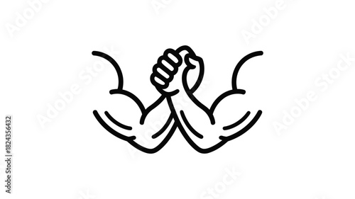 Stylized line art illustration of two muscular arms engaged in a friendly arm wrestling match