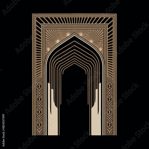 Mughal Arch with Intricate Gold Detailing on Black Background