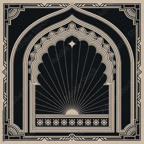 Mughal Arch with Intricate Gold Detailing on Black Background