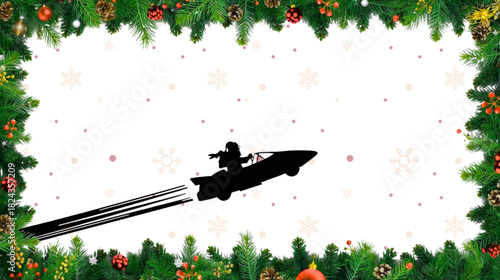 Silhouette Figure Flies In A Rocket Against A Festive Frame Of Green Pine Boughs And Red Ornament
