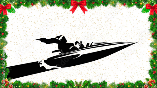 Santa Claus In A Speed Boat Silhouette Against A Christmas Garland Border Festive Design
